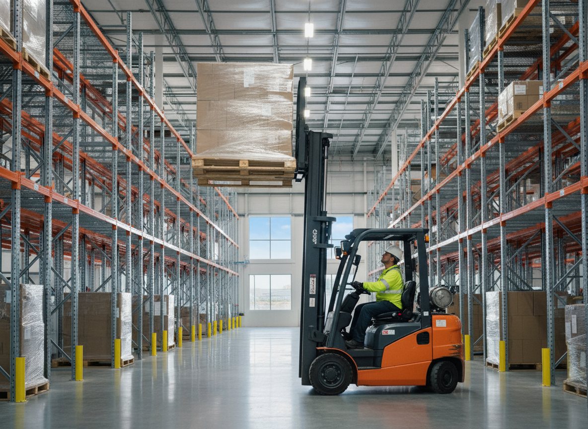 A forklift operator moving a pallet in a high-bay racked warehouse.