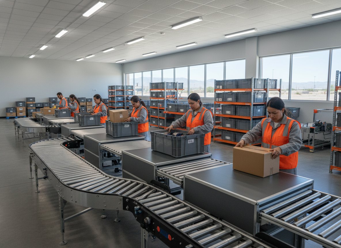 Workers at a fulfillment line packing e-commerce orders into boxes.