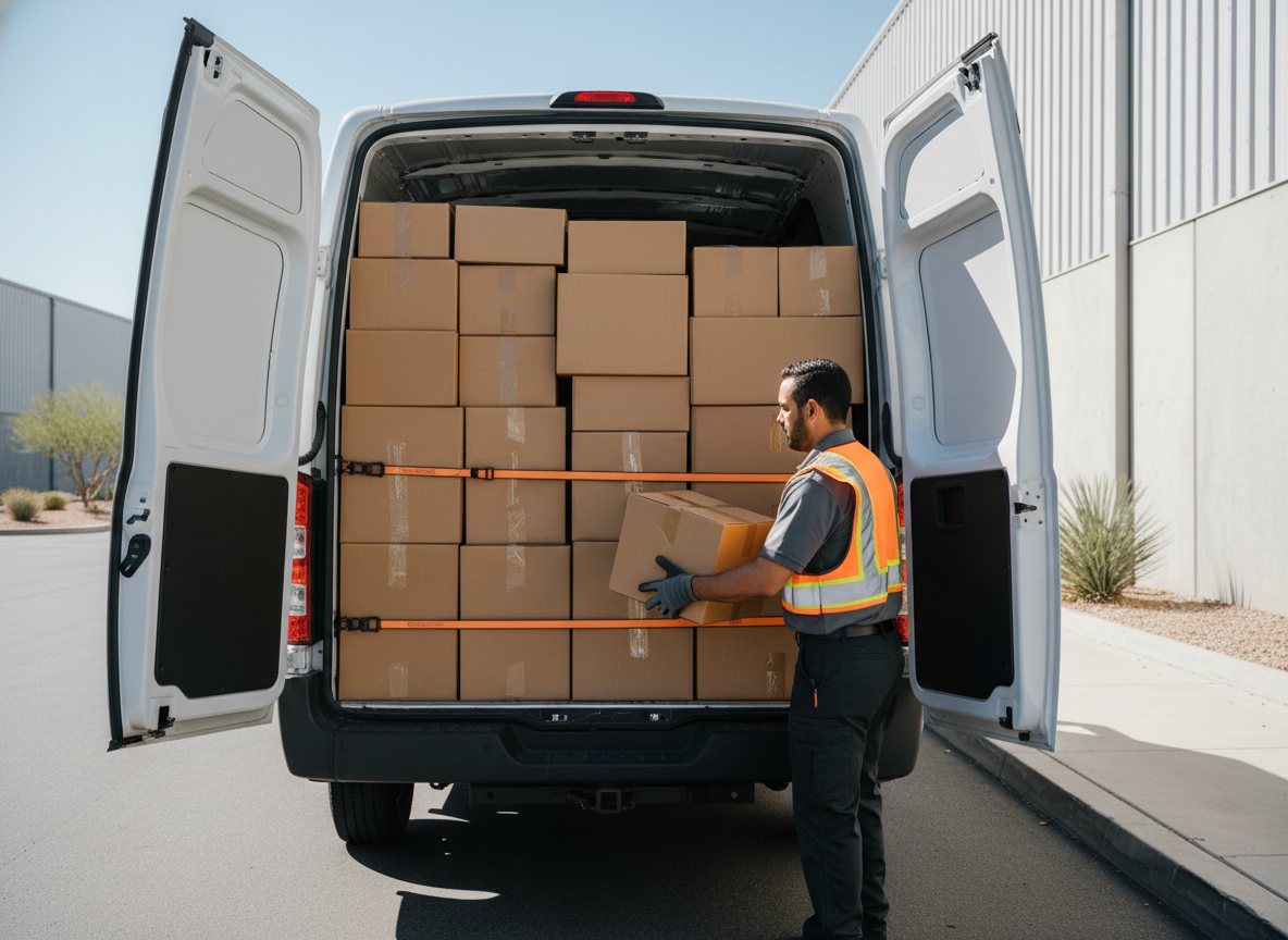 A delivery driver in a hi-vis vest loading a last-mile delivery van outside a warehouse.