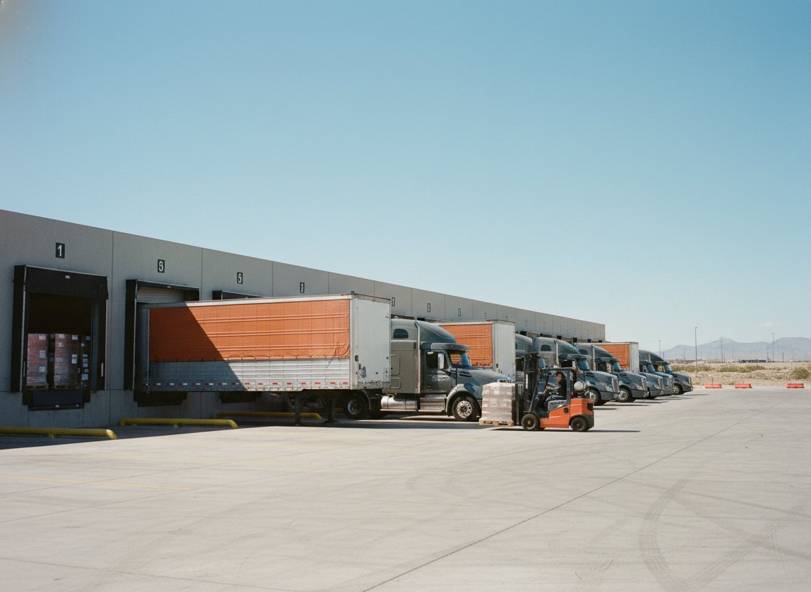 Semi-trucks backed into a busy loading dock at a distribution center under a clear Southwest sky.