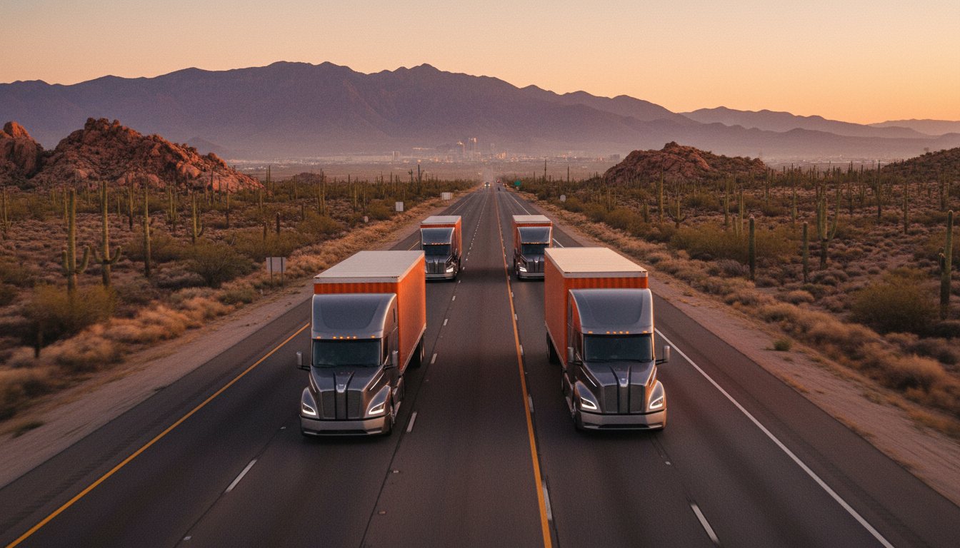 Semi-trucks on a Southwest interstate at golden hour carrying freight.