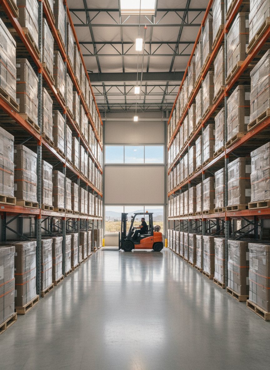 The interior of a modern Las Vegas distribution warehouse with racking and inventory.